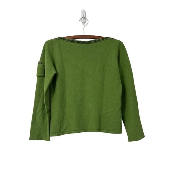 Trussardi Jeans Womens Green Wool Logo Spellout Boatneck Sweater Size Medium - Picture 3 of 5